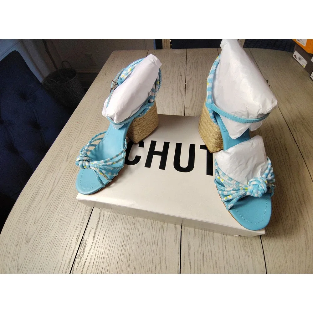 Schutz Dahira Gingham Daisy Wedge Sandals Blue White Ankle Strap 6.5B New‎